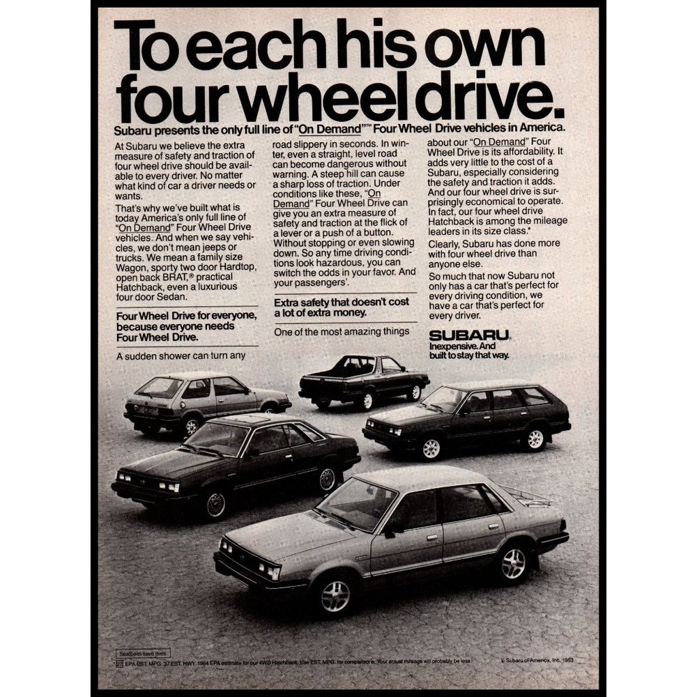 1984 Subaru 4wd Four Wheel Drive Car Lineup Vintage Print Ad Wall Art Photo